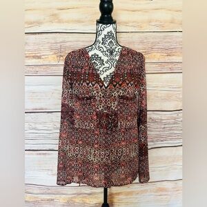 BKE Boutique Women’s Maroon Printed V-Neck Button Up Long Sleeve Chiffon Blouse